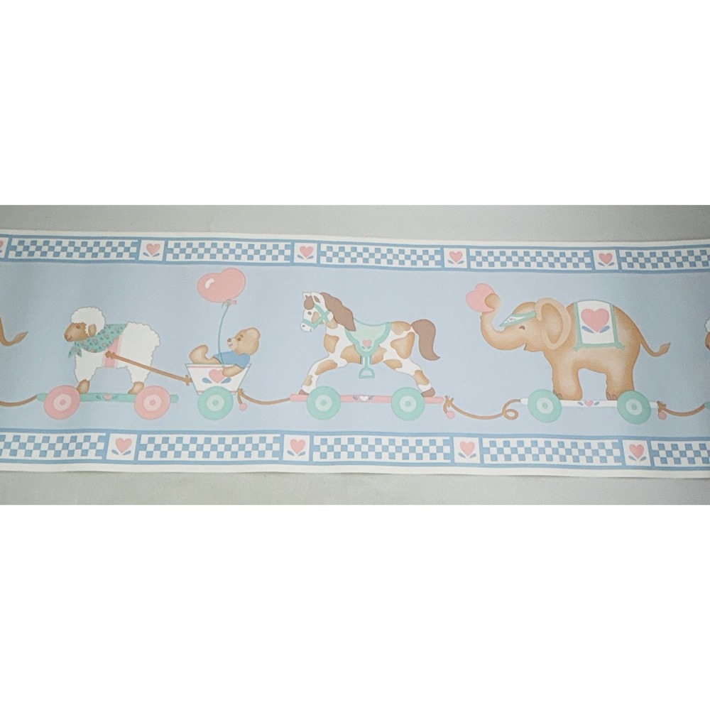 C&A Wallcoverings Animal Pull Toy Nursery Wallpaper Border Blue Check 5 Yds Vtg